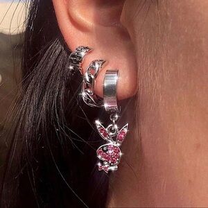 Silver Pink Zircon Playboy Bunny Theme Huggie Hoop Earring Streetwear Minimalist